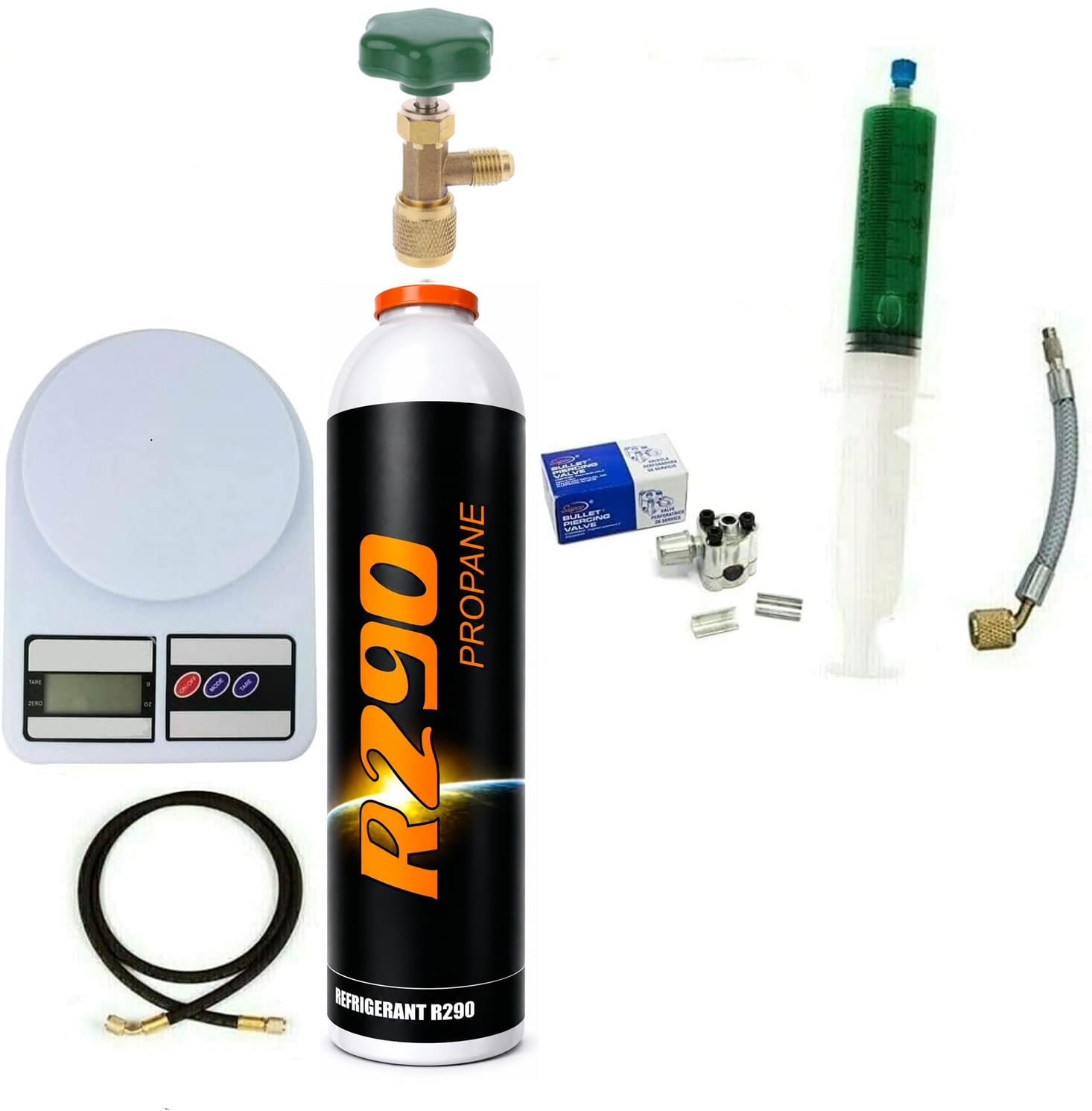 Kit de réparation pour sèche-linge réfrigérateur congélateur avec R290 contenu 370 g complet et à monter soi-même + bouchon de 30 ml + balance + tuyau 1/4" - 1/4" + perforateur tuyau cuivre