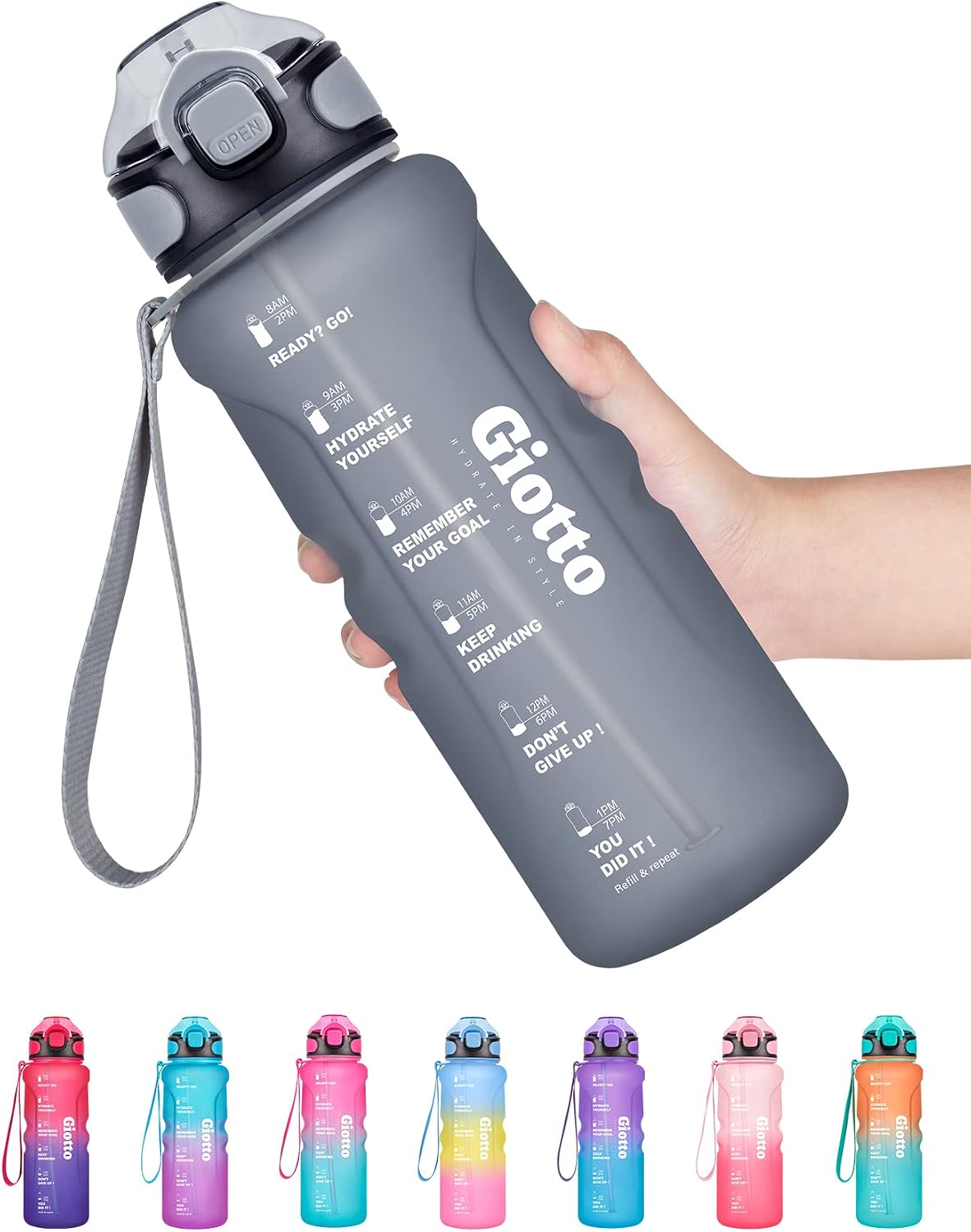 Giotto 32oz Motivational Water Bottle with Time Marker & Straw to EnsureYou Drink Enough Water,Leakproof BPA Free Water Jug Perfect for Fitness Gym & Outdoor Sports