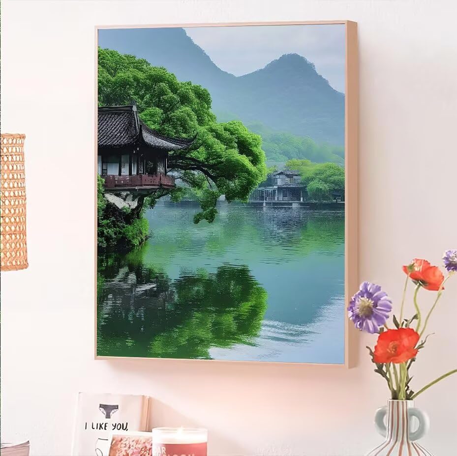Pintar por Numeros Adultos Lago, Pintar por Numeros Niños, Kit de Pintura al óleo de Lienzo DIY Manualidades Adultos con 3 Pinceles y Pinturas Acrilicos, Decoración de Paredes, Casa 20x30cm O-244