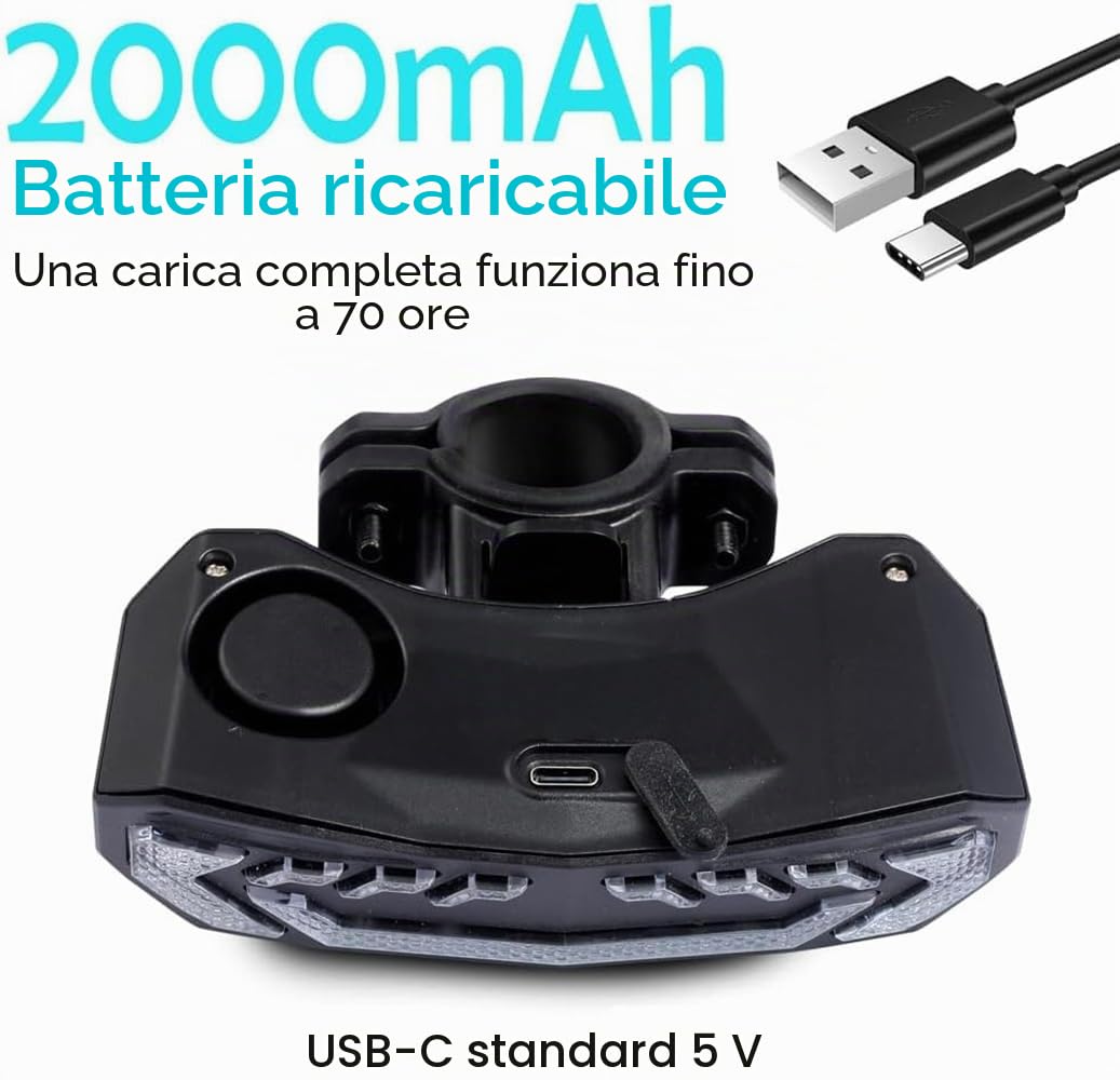 Fanale posteriore per bici con luci di direzione, luce freno, USB, telecomando ricaricabile, antifurto, clacson, accensione/spegnimento automatico, impermeabile, per la sicurezza notturna