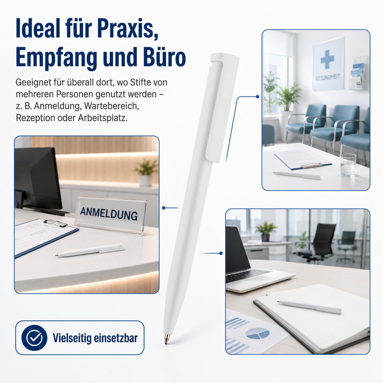 Antibakterielle Kugelschreiber 100er Set weiß – blaue Mine mit Silberionen | Hygienisch ausgerüstete Oberfläche für gemeinsam genutzte Arbeitsplätze in Praxis, Empfang und Büro.