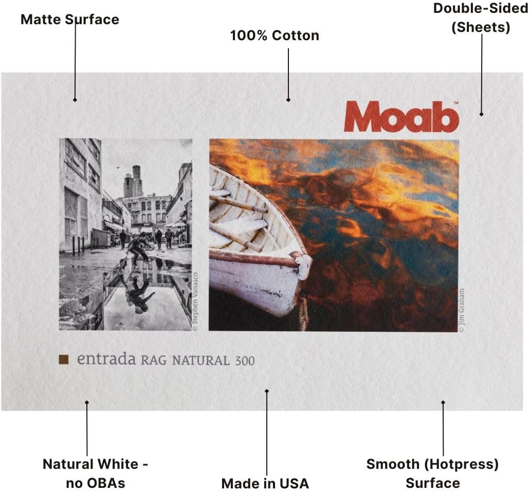Moab Entrada Rag Natural 300, 100% Cotton Fine Art Archival Inkjet Paper, 2-Sided, Smooth (Hotpress) Natural White Matte, Heavy Weight 300gsm, 5 x 7 Inches, 25 Sheets (11X17)