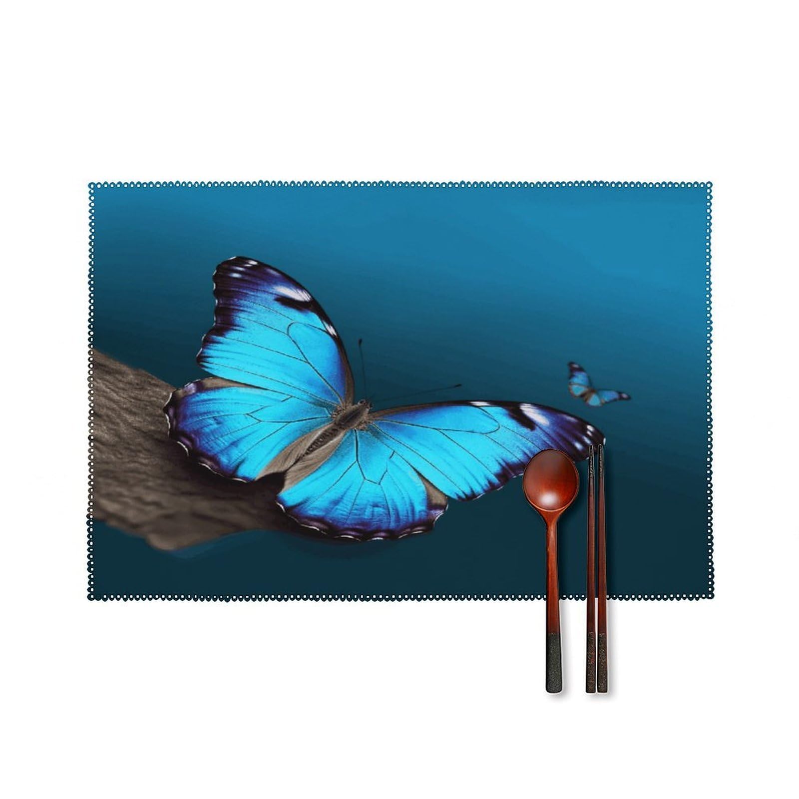 Beautiful Blue Butterfly Placemats Set of 6 Washable Heat Resistant Non-Slip Place Mats Easy Clean Table Protective Placemats Farmhouse Decorate Dining Table Mat for Kitchen 12X18In