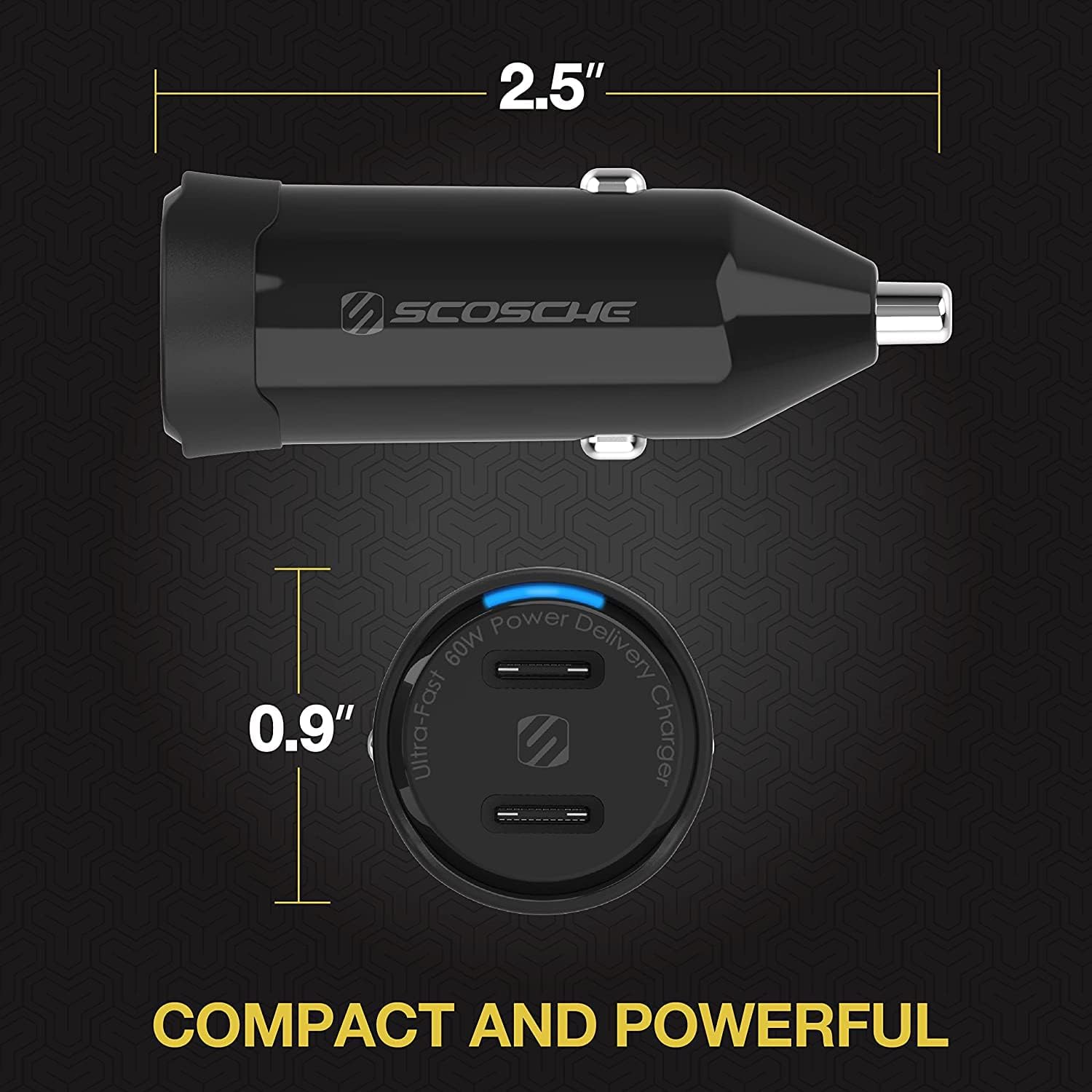 Scosche CPDCC60 PowerVolt 60W Certified Dual USB Type-C + Type-C Fast Car Charger Power Delivery 3.0 with PPS for All USB-C Devices