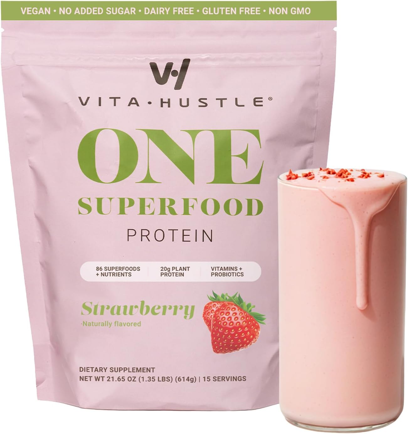 ONE Vegan Strawberry Protein Powder - 20g Plant Protein Meal Replacement with 86+ Superfoods & Greens, Probiotics + No Bloat Digestive Blend - Dairy Free, Gluten Free (15 Servings)