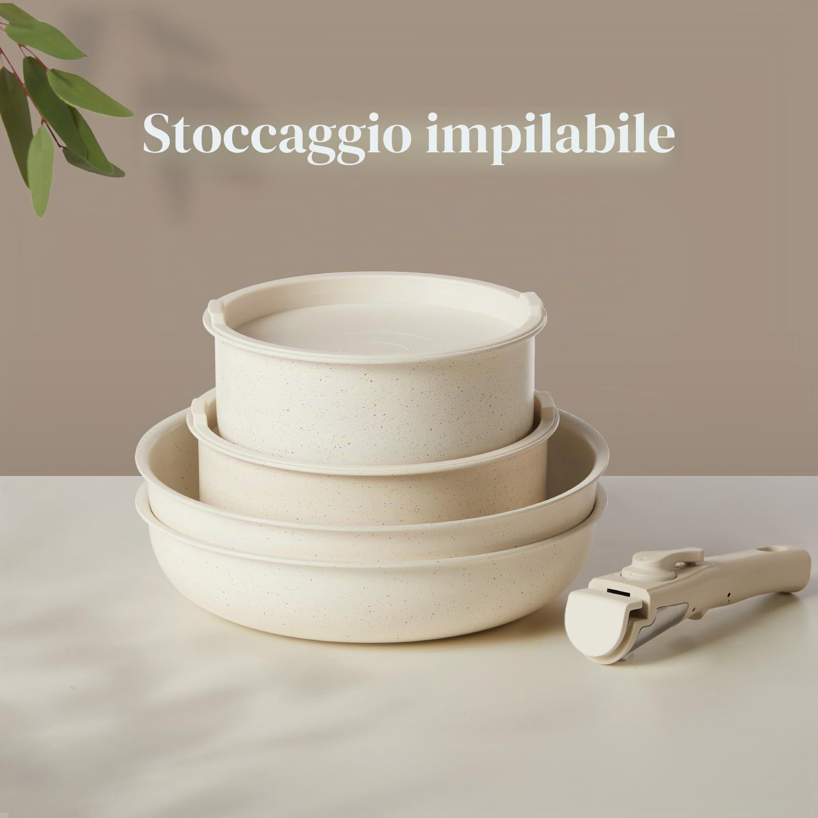 JHK Set di pentole e padelle, 12 pezzi, set di pentole antiaderenti con manico staccabile, utensili da cucina per le tue esigenze di cucina domestica, beige