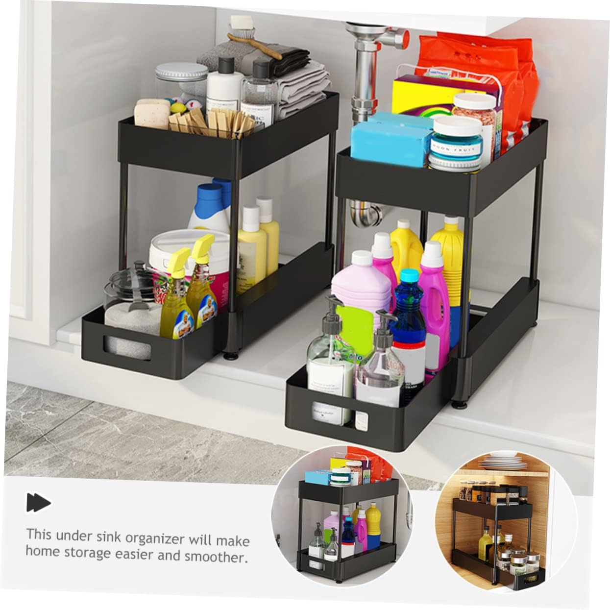 PRETYZOOM Double Layer Pull-Out Storage Rack for Under Sink Bathroom Kitchen Compact Storage Organizer Shelves