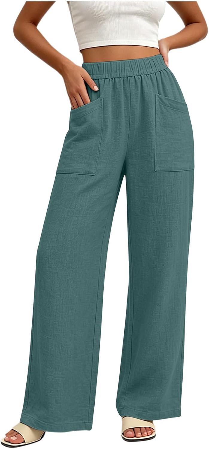 Palazzo Flowy Pants for Women Wide Leg Lounge Pants Plus Size Elastic High Waisted Work Pants with Pockets