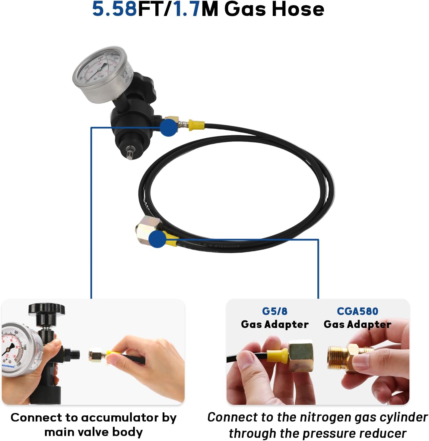 MEASUREMAN Nitrogen Accumulator Charging Kit, 1500-6000 PSI with 3 Precision Gauges, 6 Adapters for M28*1.5, UNF 5/8 & 1/2, Professional Hydraulic Tool Set for Pressure Testing