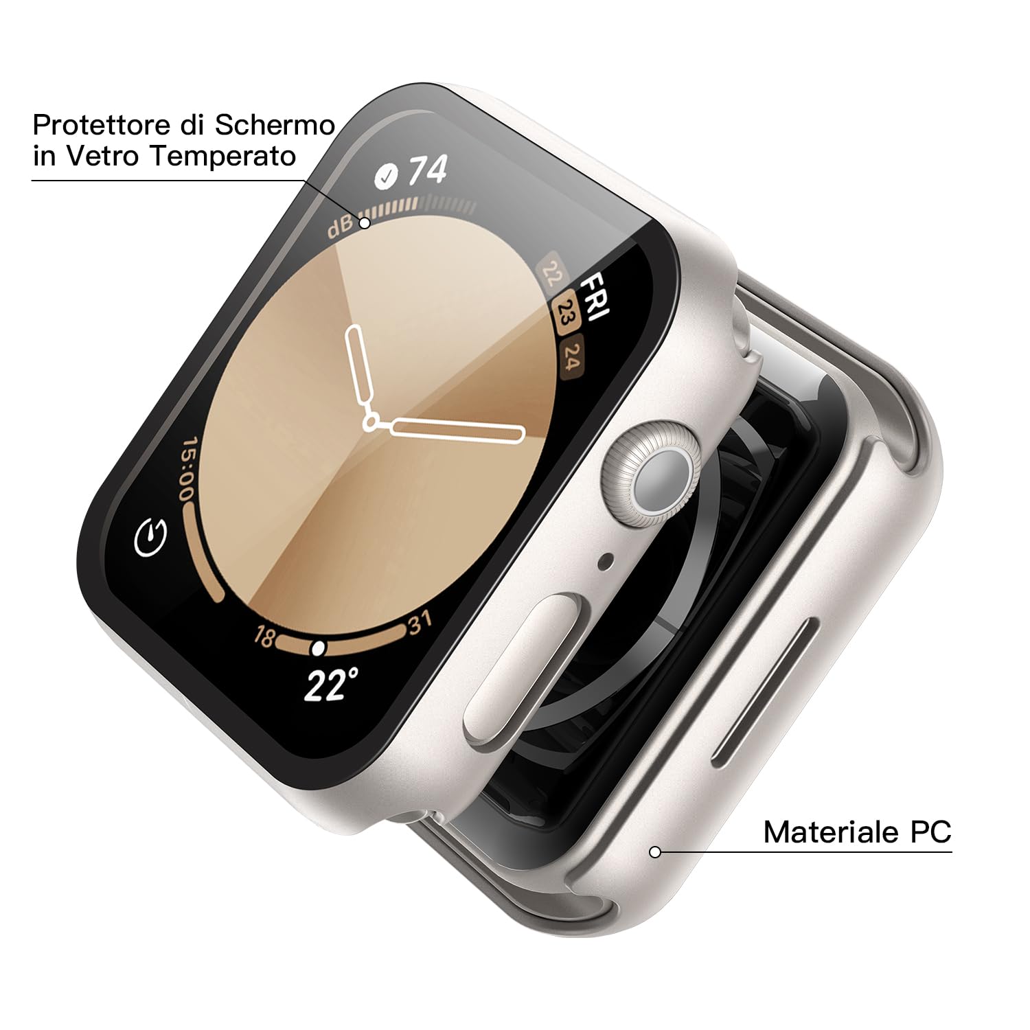 Misxi 2 Pezzi PC Cover Protezione in Vetro Temperato Compatibile con Apple Watch SE3/SE2/SE/Serie 6/Serie 5/Serie 4 40mm, Custodia Resistente Graffi Leggero per iWatch, 1 Luce Stellare + 1 Trasparente