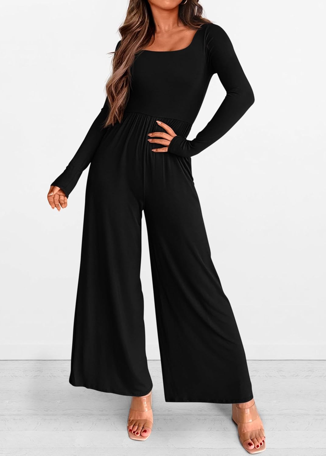 KIRUNDO Long Sleeve Jumpsuit for Women 2026 Spring Outfits Summer One Piece Square Neck Wide Leg Pants Romper With Pockets - Image 5