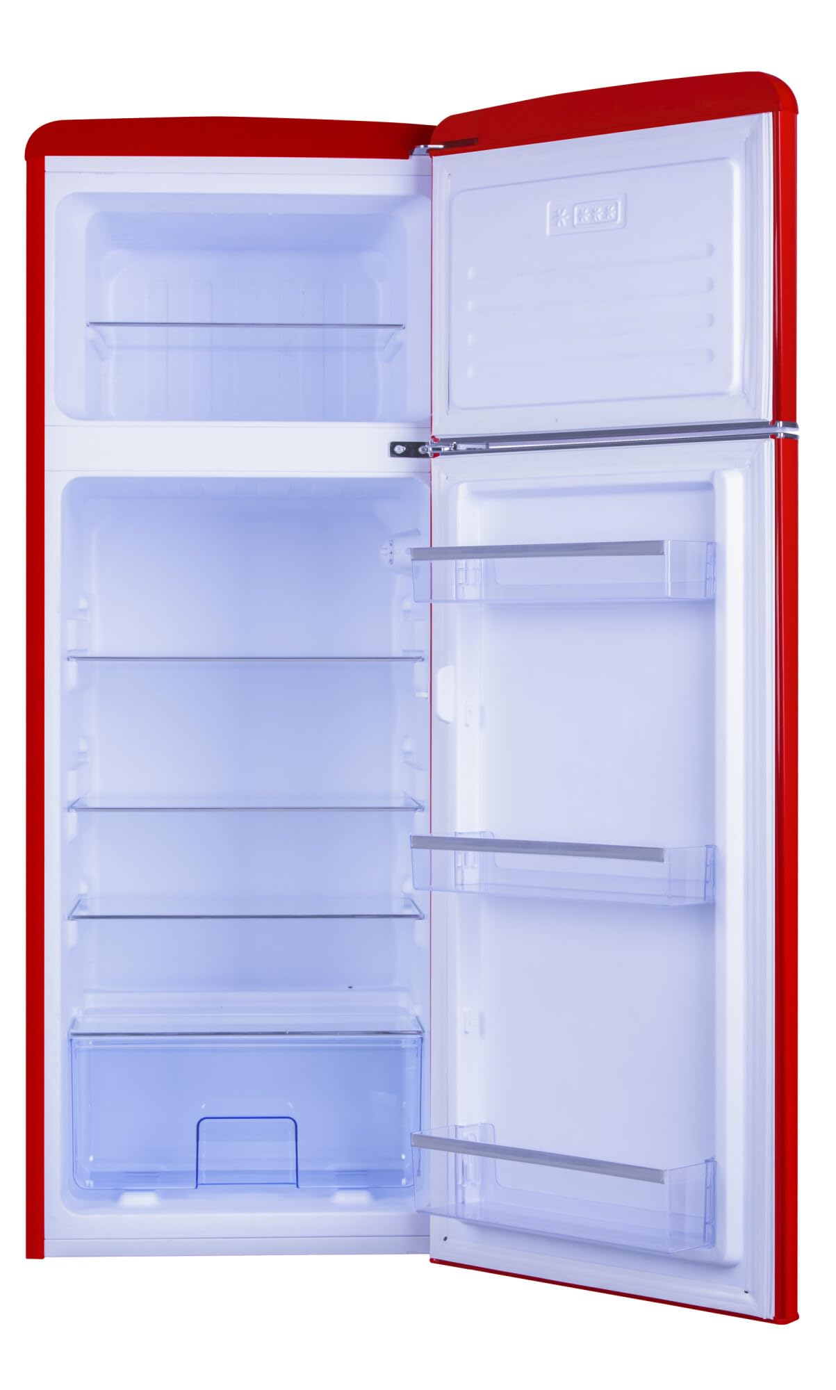 Amica DTR 374 190 R Retro lodówko-zamrażarka/czerwona / 144 cm (wys.) x 55 cm (szer.) x 62 cm (gł.) / design retro | Chłodziarka 162 l, zamrażarka 44 l, FrostControl, oświetlenie LED, automatyczne rozmrażanie, szuflada na warzywa, cicha praca