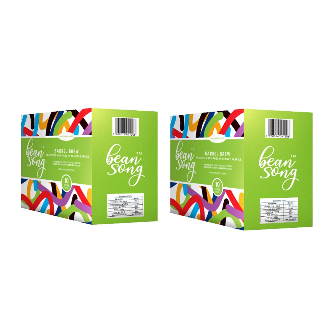 Bean Song Premium Barrel Brew Coffee Drip Bags - Aged in Brandy Barrels (10 Easy Pours) Pack of 2 | Equipment Less | Medium Roast Beans | Flavour - Dark Raisin, Stone Fruit, Rum