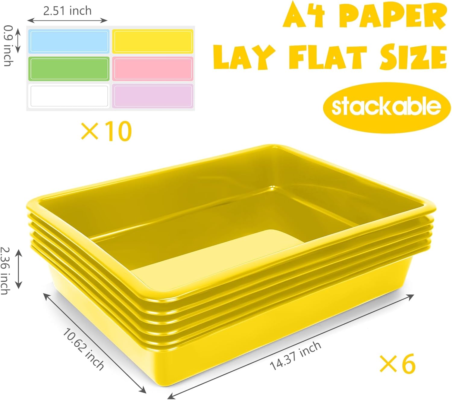 ShineMe 6 Pack Paper Trays for Classroom, Yellow Plastic Book Bins with Colorful Labels, Stackable Letter Size Storage Tray, Desk Organizer Tray for Home, School and Office