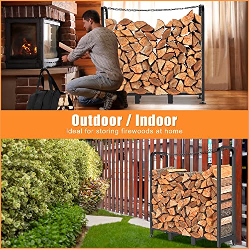 Homdox Firewood Rack With Carrier, 4Ft Heavy Duty Wood Racks For Outdoor Indoor Fireplace Metal Wood Pile Storage Stacker Organizer, Adjustable Log Holder With Add-On Chains And Hooks, Matte Black #TOP6