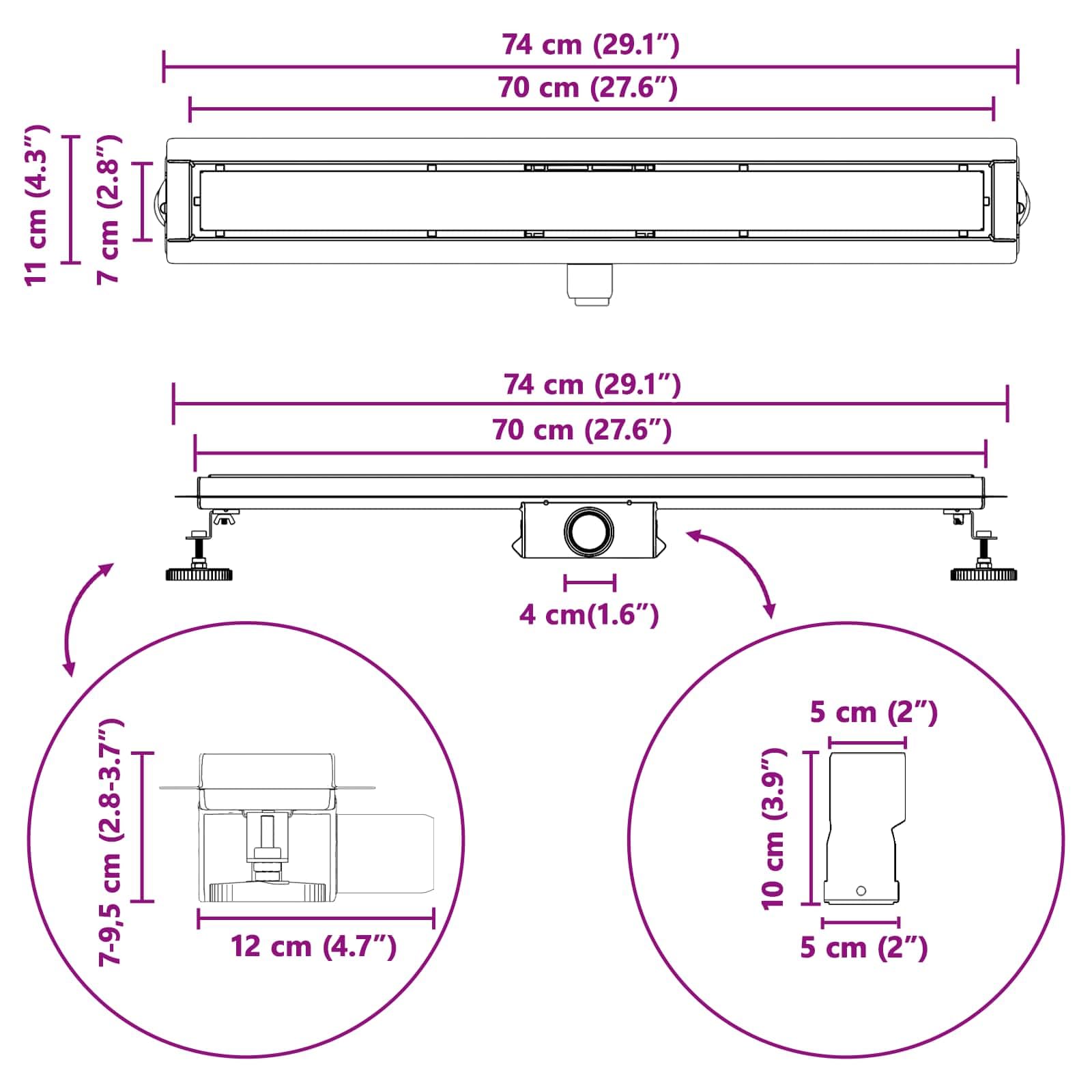 vidaXL Drenaggio Doccia 2 in 1 Argento 70 cm Acciaio Inox 304, Stile per Il Bagno, Scarico Doccia Moderno, Soluzione idraulica, Accessori per Il Controllo dell'Acqua
