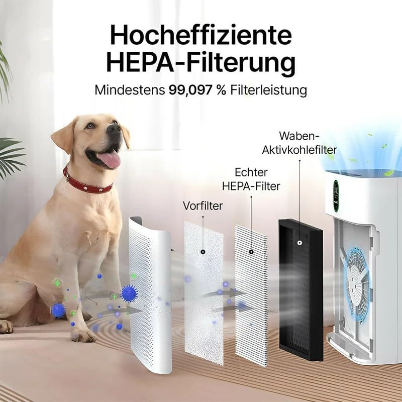 Diagram showing the multi-layer filtration system of the air purifier, including pre-filter, true HEPA filter, and activated carbon filter.