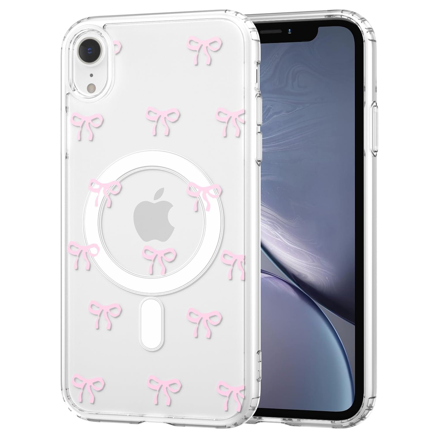 TVVTPU Magnetisch Hülle für iPhone XR Kompatibel mit MagSafe, Aesthetic Schleifen Muster Handyhülle Nie Vergilbung Dünne Transparent Hard PC Rückseite Stoßfester Kratzfest Schutzhülle Case, Rosa