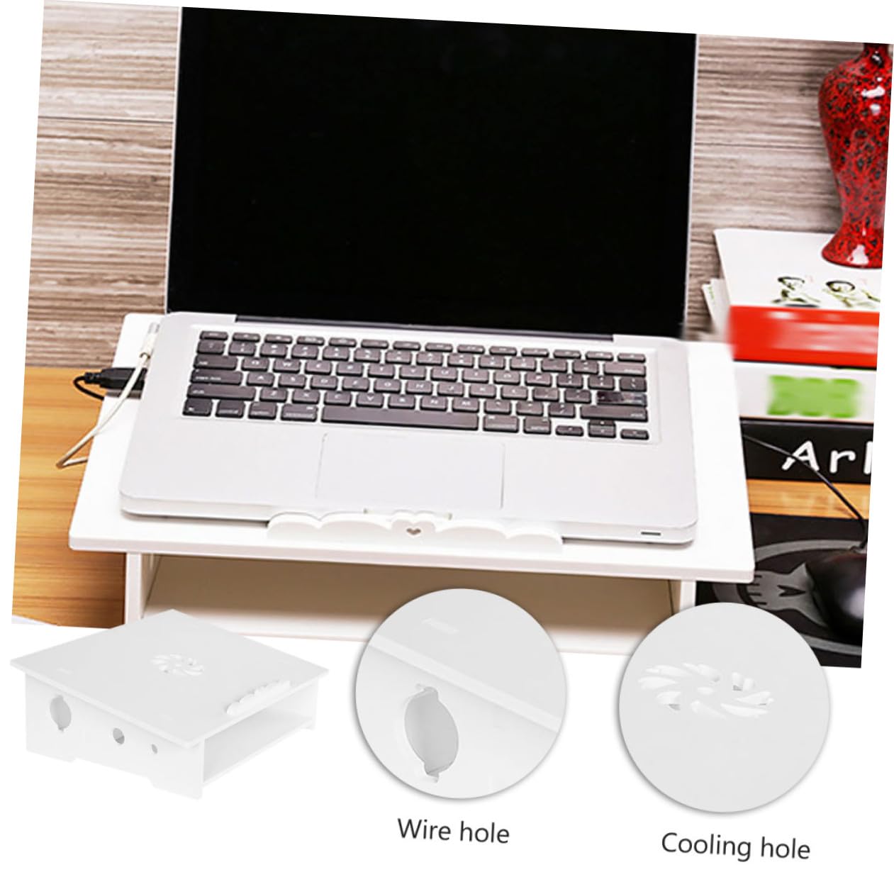 Support D'ordinateur Portable Blanc en Bois et Plastique, Stable et Gain de Place, Accessoire Informatique pour Bureau et École