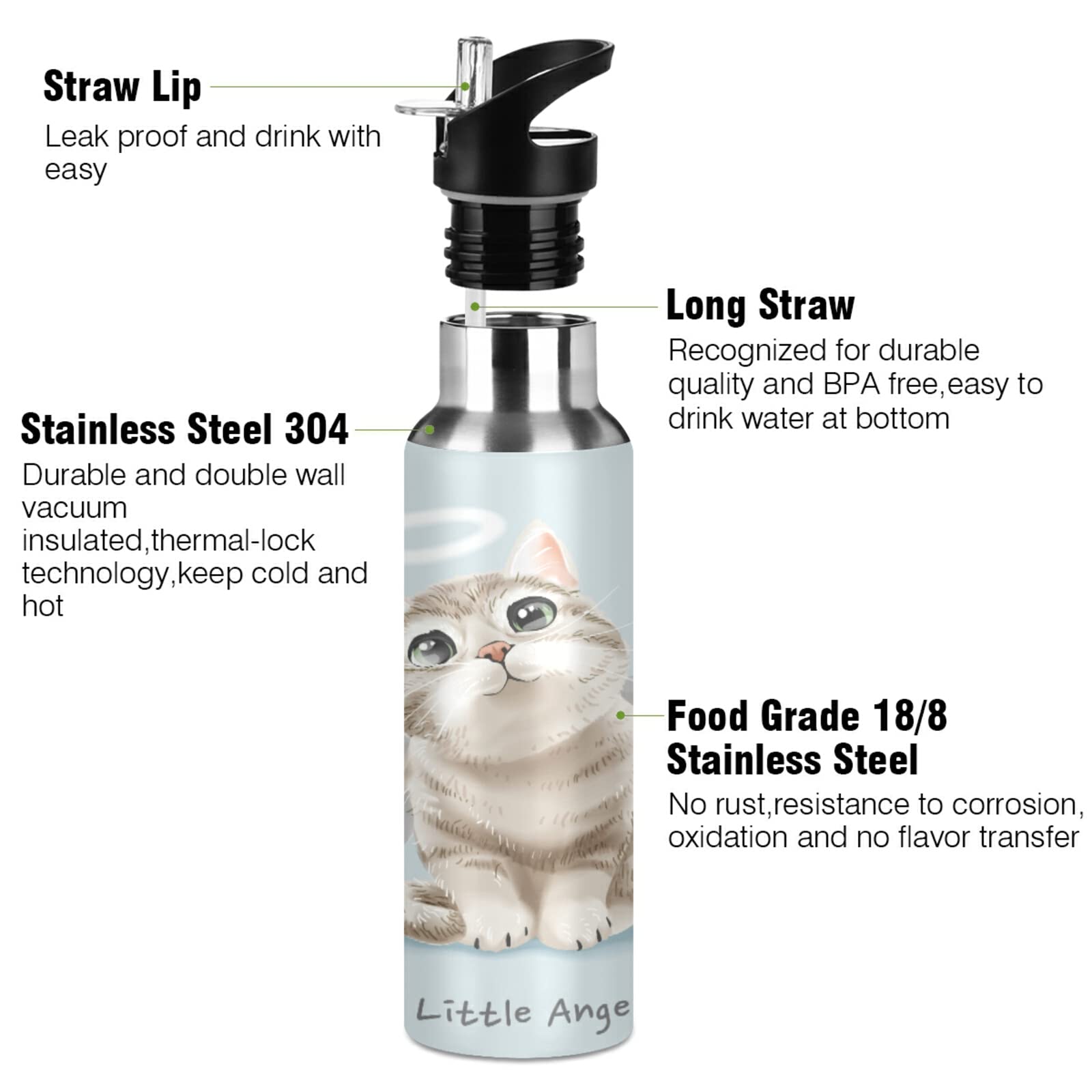 Valentinstag Katzen-Trinkflasche – Vakuumisoliert, 600ml/1L, Mit Strohhalm & Süßem Mondnacht-Design