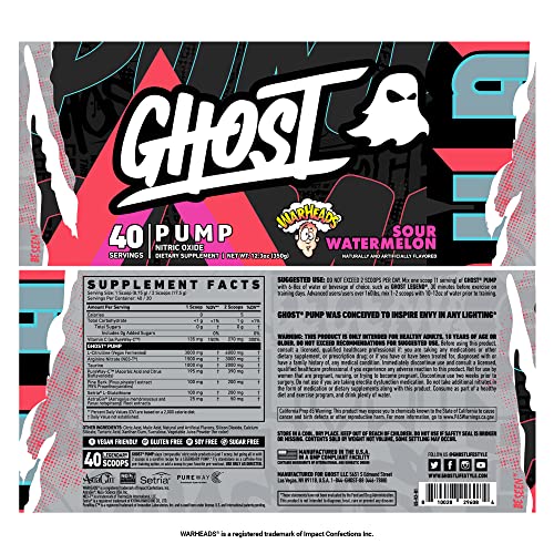 Image of GHOST Pump Nitric Oxide Powder, Warheads Sour Watermelon - 40 Servings - Sugar & Stim-Free Pre-Workout Supplements- L-Citrulline, Arginine Nitrate & L-Glutathione - Soy & Gluten-Free, Vegan