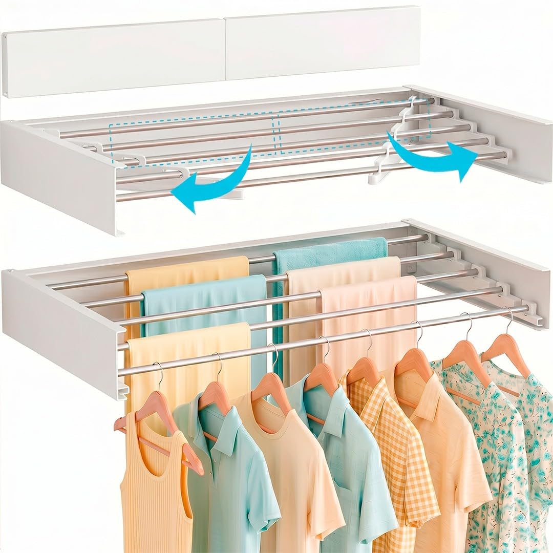 Marctani Tendedero Extensible Pared Ahorra Espacio - Tendederos Plegables ANTIOXIDANTES Interior o Exterior - Tendal Plegable Resistente 24 Pinzas - Tenderete de Ropa (Blanco, 120 CM)