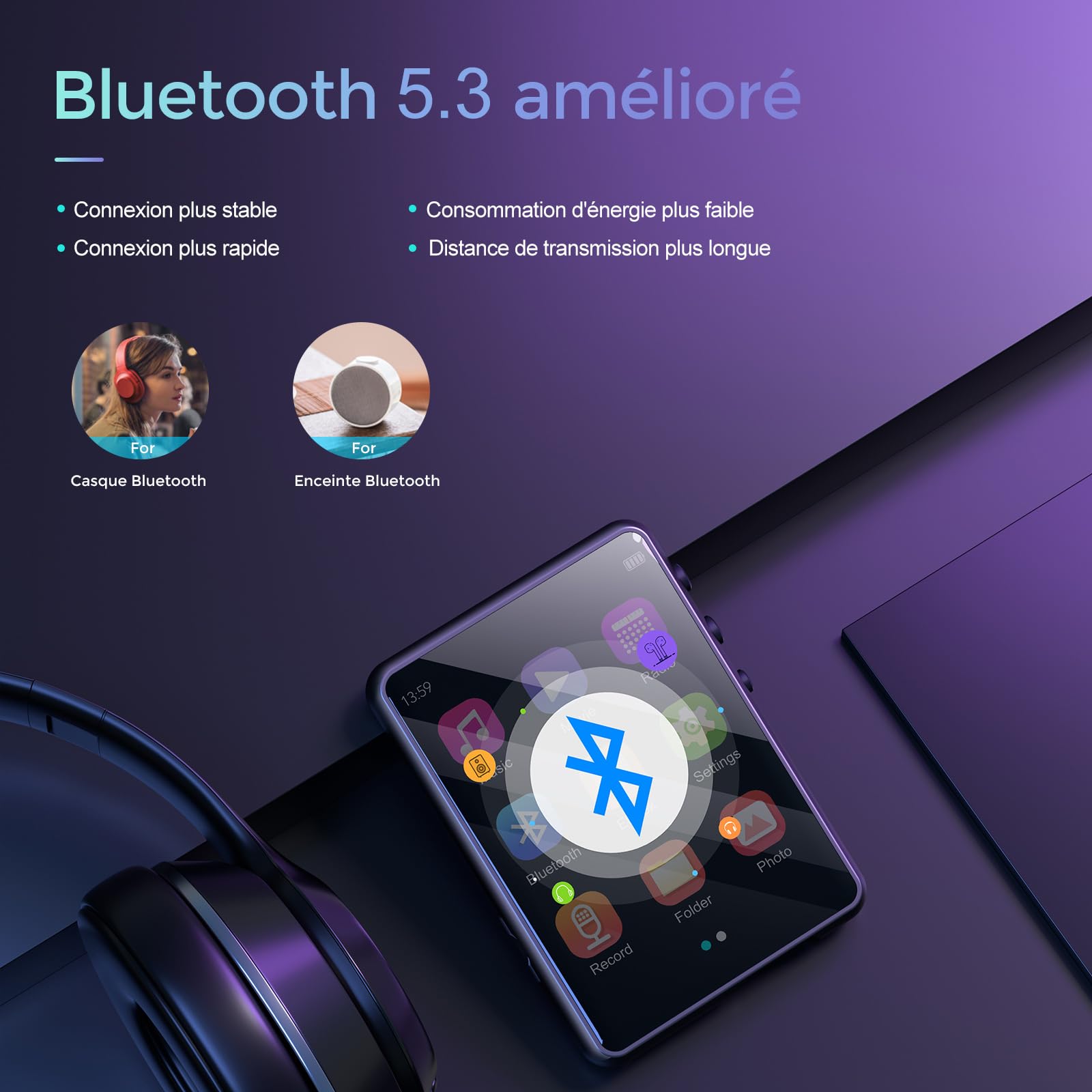 64Go Lecteur MP3 avec Bluetooth 5.3, Lecteur Audio sans Perte HiFi avec Haut-Parleur, 2.4 in Ecran Tactile Complet, Radio FM, Line-in enregistreur Vocal, E-Book, Prise en Charge jusqu'à 128 Go