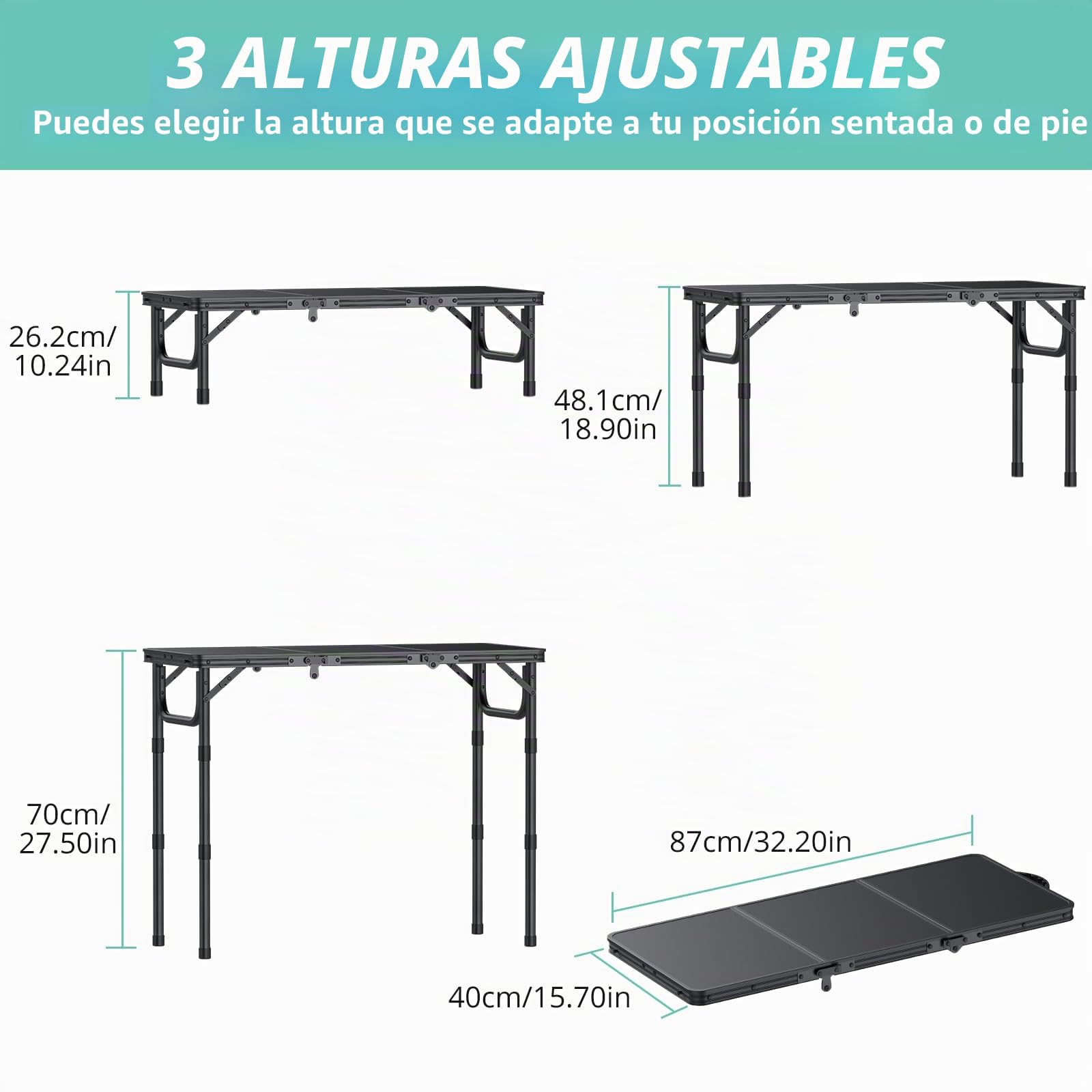 VINTEAM Mesa de Camping Plegable con 3 Alturas Ajustables(26/48/70cm) Mesa Plegable Playa 87x40cm Tablero de Densidad MDF para Acampar, Pesca, RV, Playa, Jardín-Negro