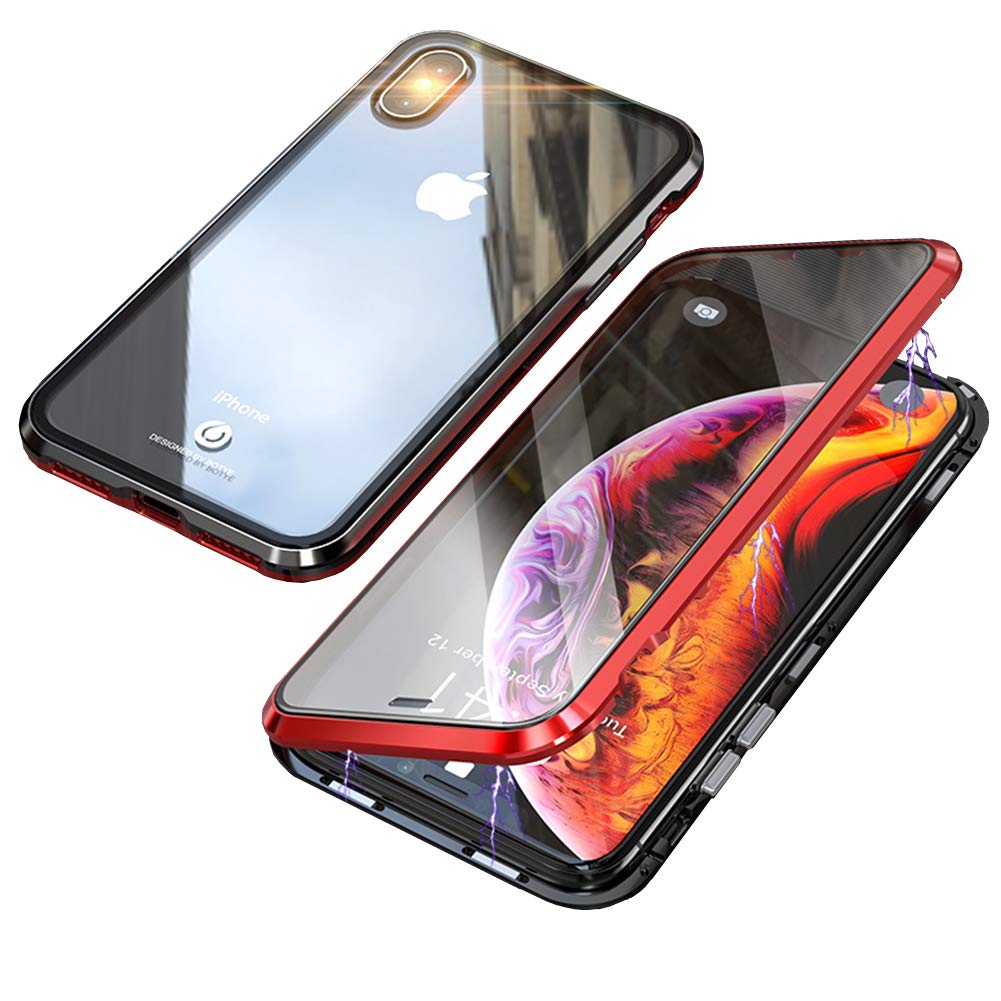 iPhone Xs MAX Case,360° Full Body,Front and Back of Clear Touchable HD Tempered Glass,with Built-in Screen Protector Magnetic Adsorption Metal Frame Cover Lightweight Thin Fit XS MAX 6.5" (Red+Black)