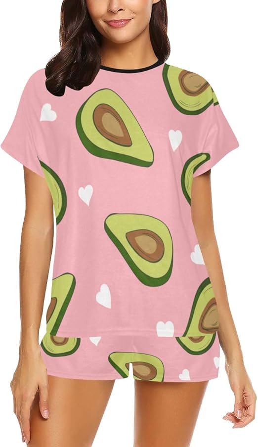 Women's Casual Pajamas Set, Cute Pattern Avocados Small Hearts Short
