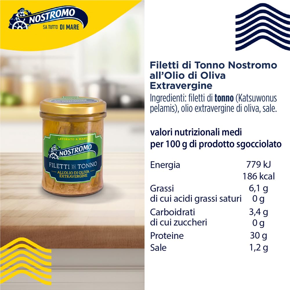Nostromo Filetti di Tonno all’Olio Extravergine di Oliva 180g – 6 Vasetti, Qualità Superiore, Lavorati a Mano – Fonte di Omega 3, Gusto Premium