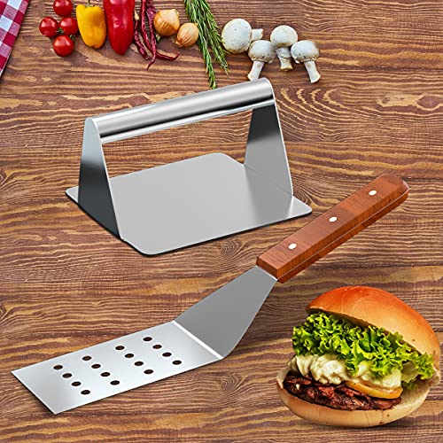 HandSonic Stainless Steel Burger Press + Spatula, 5.5” Square Hamburger Smasher, Professional Blackstone Griddle Accessories Kit Suitable for Home Cooking, Outdoor BBQ