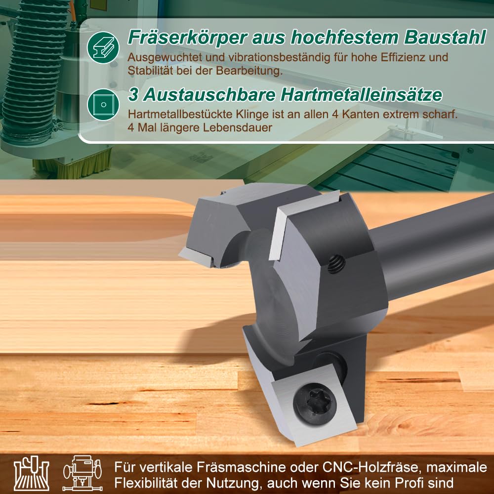 Fresa per fresatura superiore con gambo da 12 mm, diametro di taglio 50,8 mm, dotata di 3 lame intercambiabili in metallo duro da 12 x 12 mm, fresa per fresatura pianificata, fresatura e