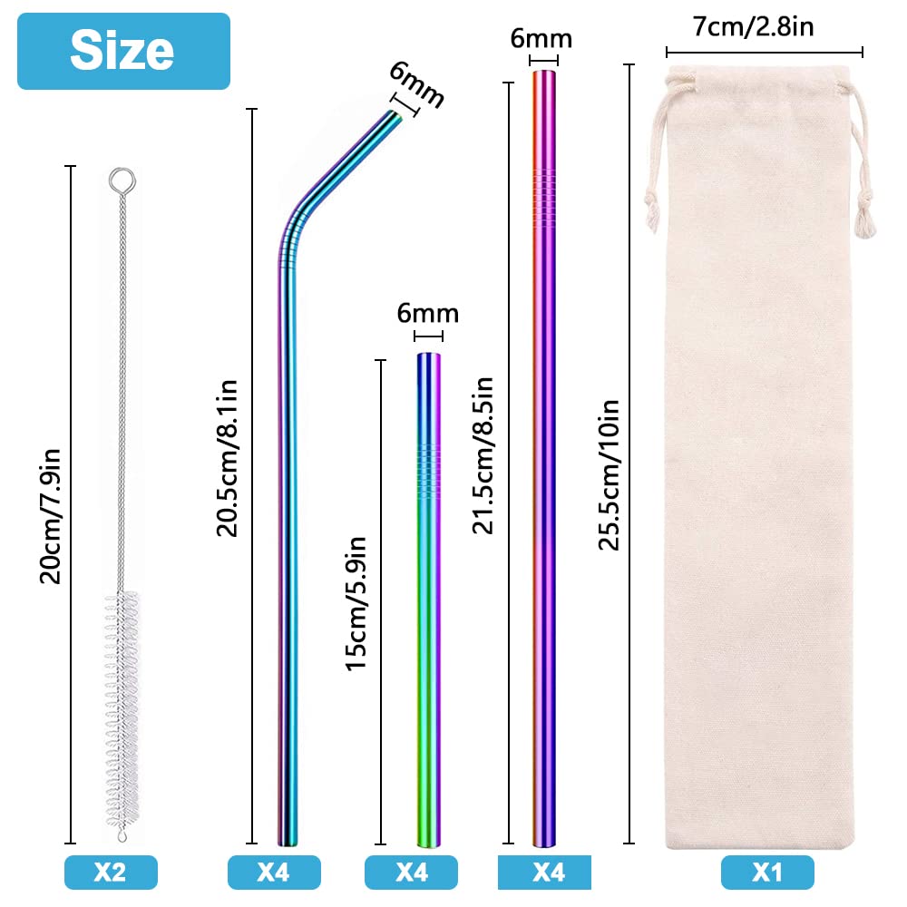 Set 12 Cannucce Riutilizzabili In Acciaio Inox - Dritte E Curve, Con Spazzole E Sacchetto (Arcobaleno)