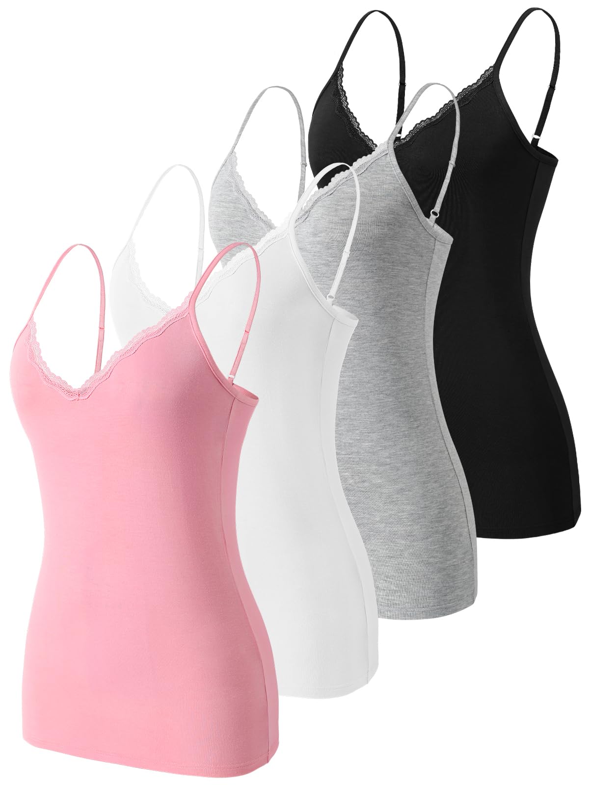 Komfokore 4 Stück Camisoles für Damen V-Ausschnitt Unterhemd Einstellbare Spaghetti Strap Lace Tank Tops