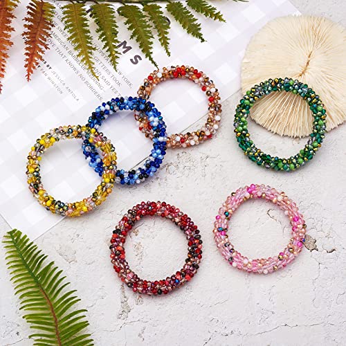 6 Pcs 6 Colors Faceted Glass Beaded Bracelet, Glass Beaded Crochet Stretch Fashion Nepal Bracelet for Women4