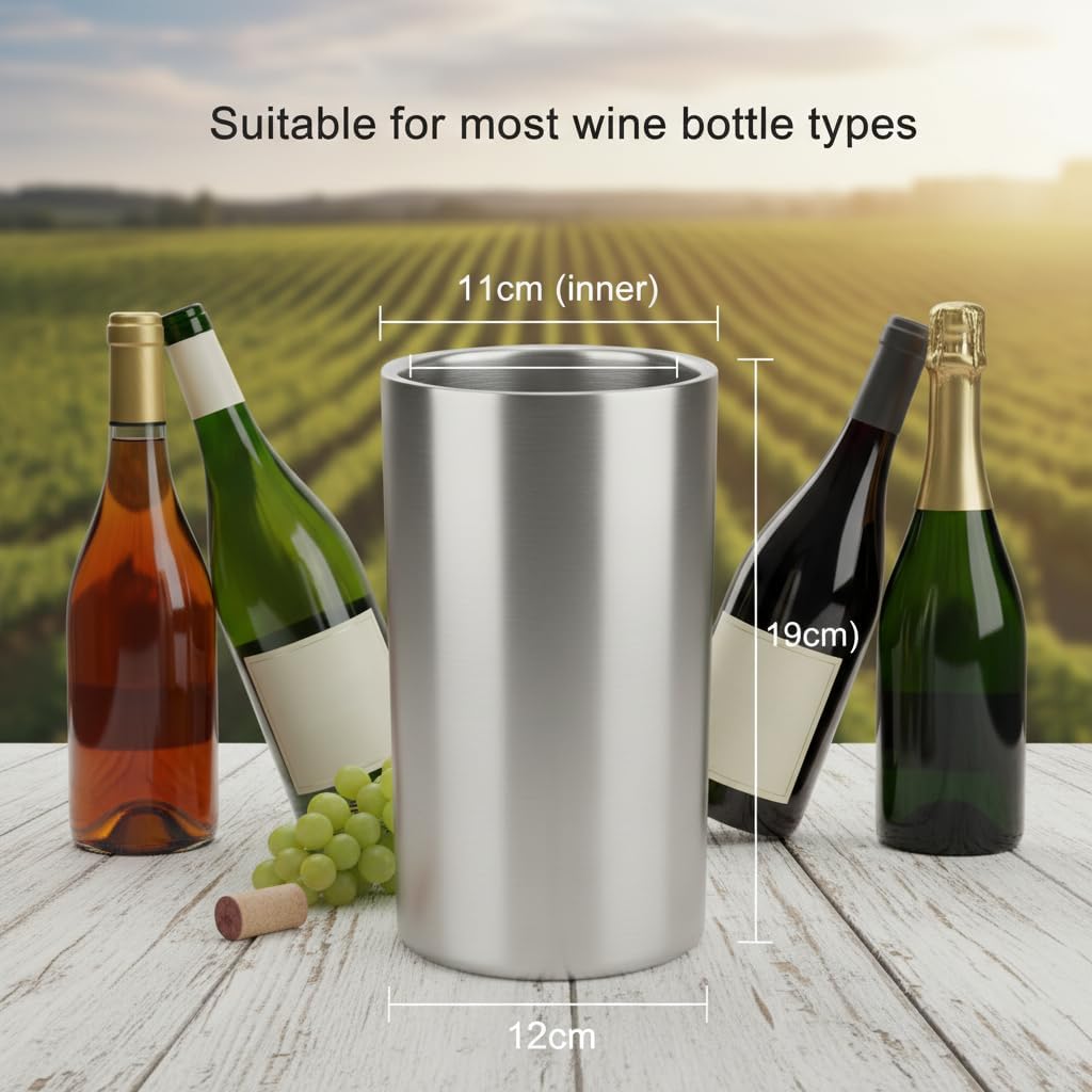 AiQInu Bottle Cooler for Wine, Champagne, 1.6 L Double-Walled Stainless Steel Champagne Cooler, Diameter 12 cm, Height 19 cm, Champagne Cooler for Bottles, Wine Cooler at Home or on the Go