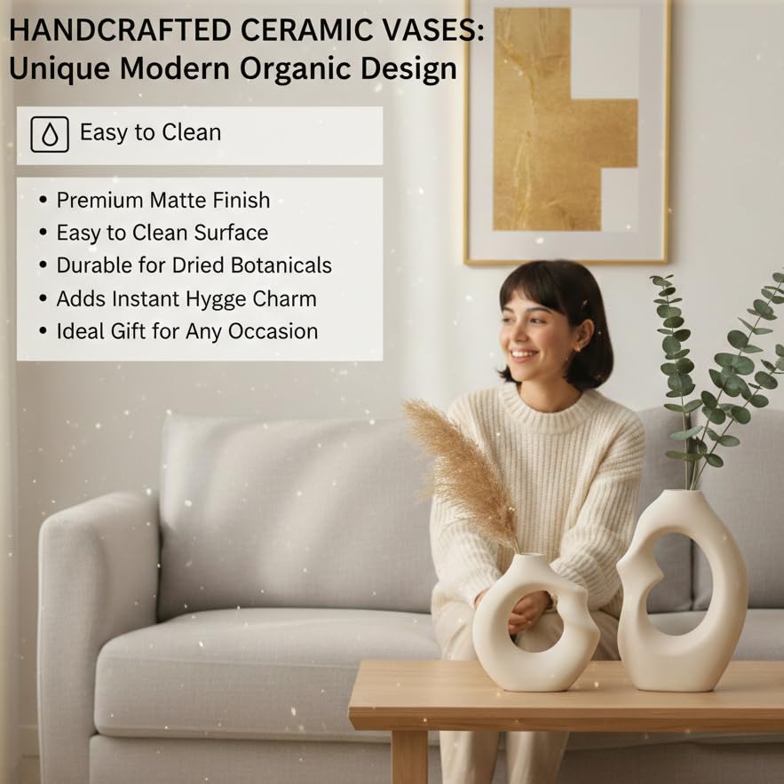 Image of Modern Abstract Ceramic Vases Set of 2 for Home Decor | Matte Finish Hollow Design Flower Vases for Living Room, Bedroom & Office | Minimalist Nordic Tabletop Decorative Vases - White