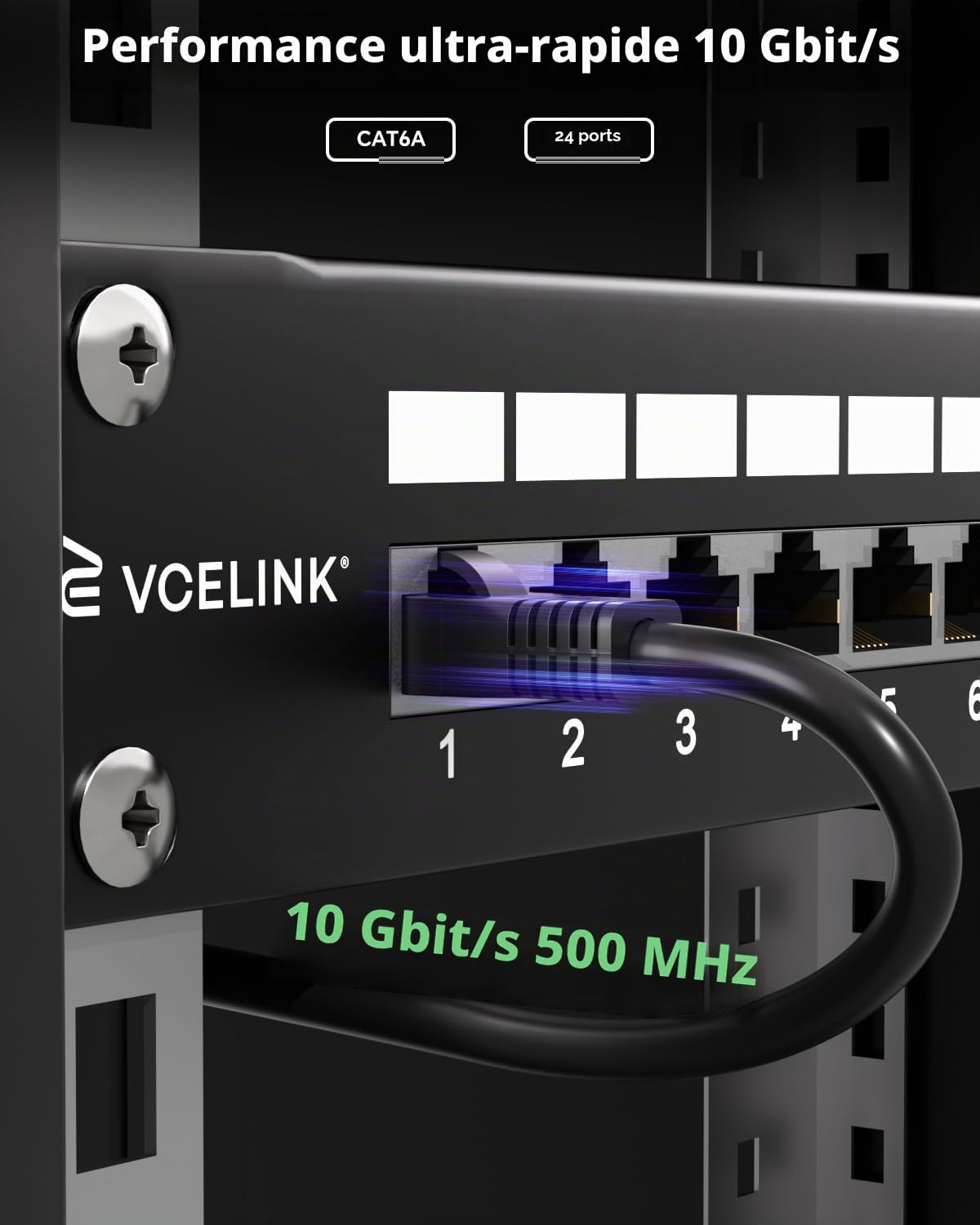 VCELINK Panneau de Brassage CAT6A 24 Ports RJ45, Montage en Rack 19" | Montage Serveur RJ45 Blindé, Panneau de Distribution 1U