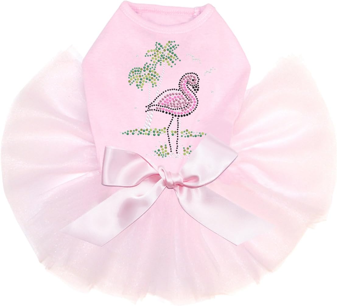 Pink Flamingo with Palm Trees - Bling Rhinestone Dog Tutu Dress, L Pink