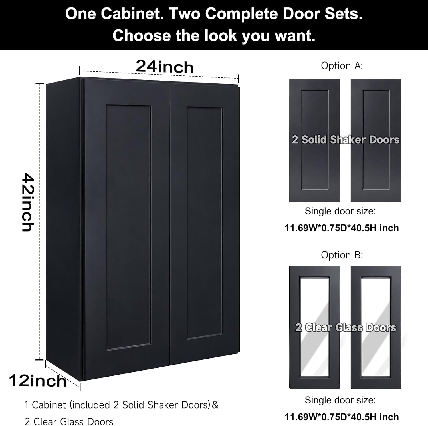 24" Kitchen Wall Cabinet with 2 Complete Door Sets, Includes Solid Shaker Doors & Clear Glass Doors, 2 Soft-Close Hinges, 2 Adjustable Shelves, RTA (Graphite Shaker, 24" W x 42" H x 12" D)