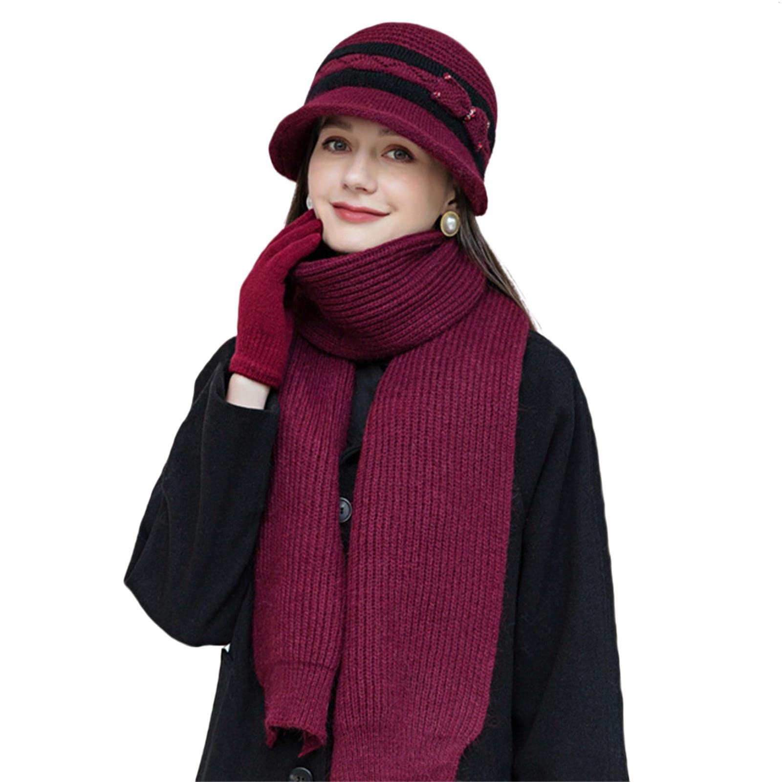Gorro De Punto Mujeres Guantes De Tejido De Invierno Traje De Bufanda