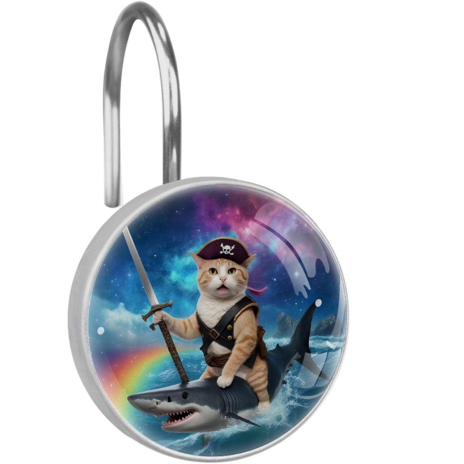 VAPOKF Decorative Shower Curtain Hooks, Pirate Cat Shark Rustproof Stainless Steel Shower Curtain Rings for Bathroom, Shower Curtain Hangers for Shower Rod, 12 Pack