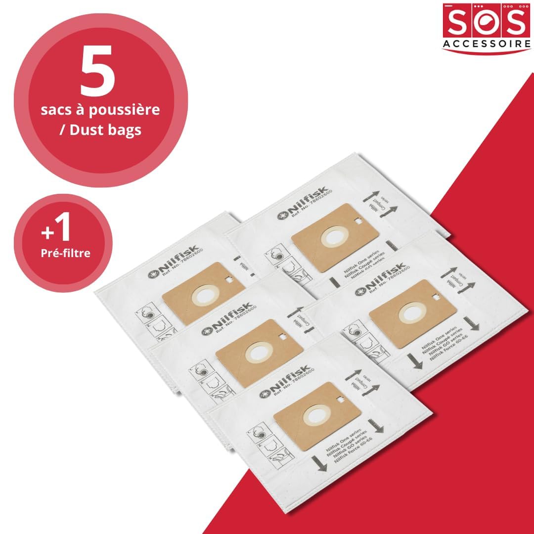 SOS - Juego de 8 cajas de 5 bolsas con 1 filtro para aspiradora NILFISK 78602600, 22422400