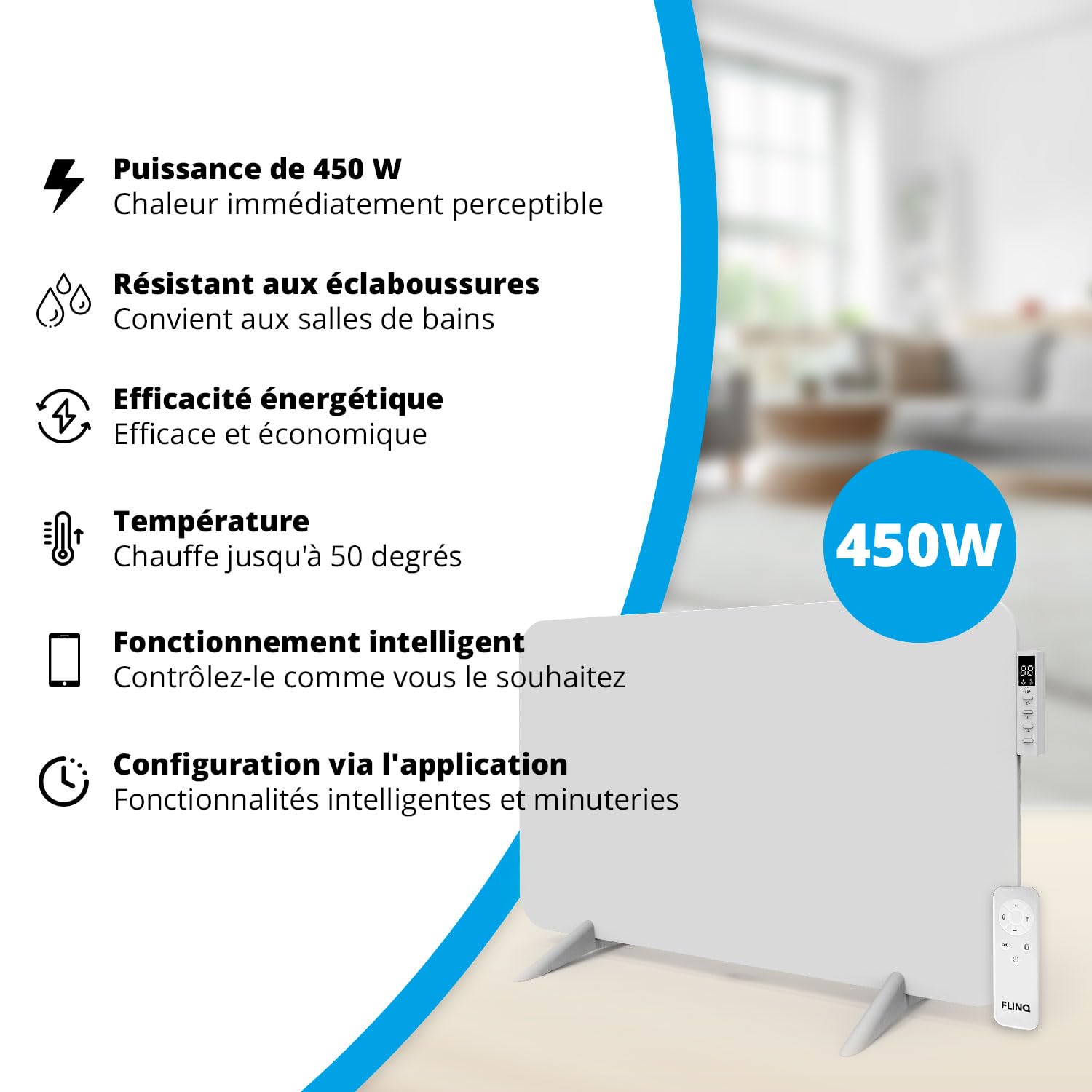 FlinQ 450W Radiateur Infrarouge – Chauffage Électrique Mural Connecté – Économie d'Énergie – IP44 Salle de Bain – Design Plat avec Thermostat Réglable - Blanc