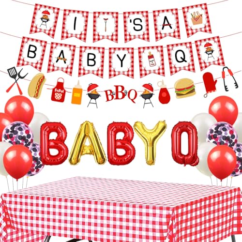 BBQ Baby Shower Decorations Baby Q Party Decorations for Girl Boy Gender Reveal It’s a Baby Q Banner Red Checked Tablecloth for Picnic Party Supplies