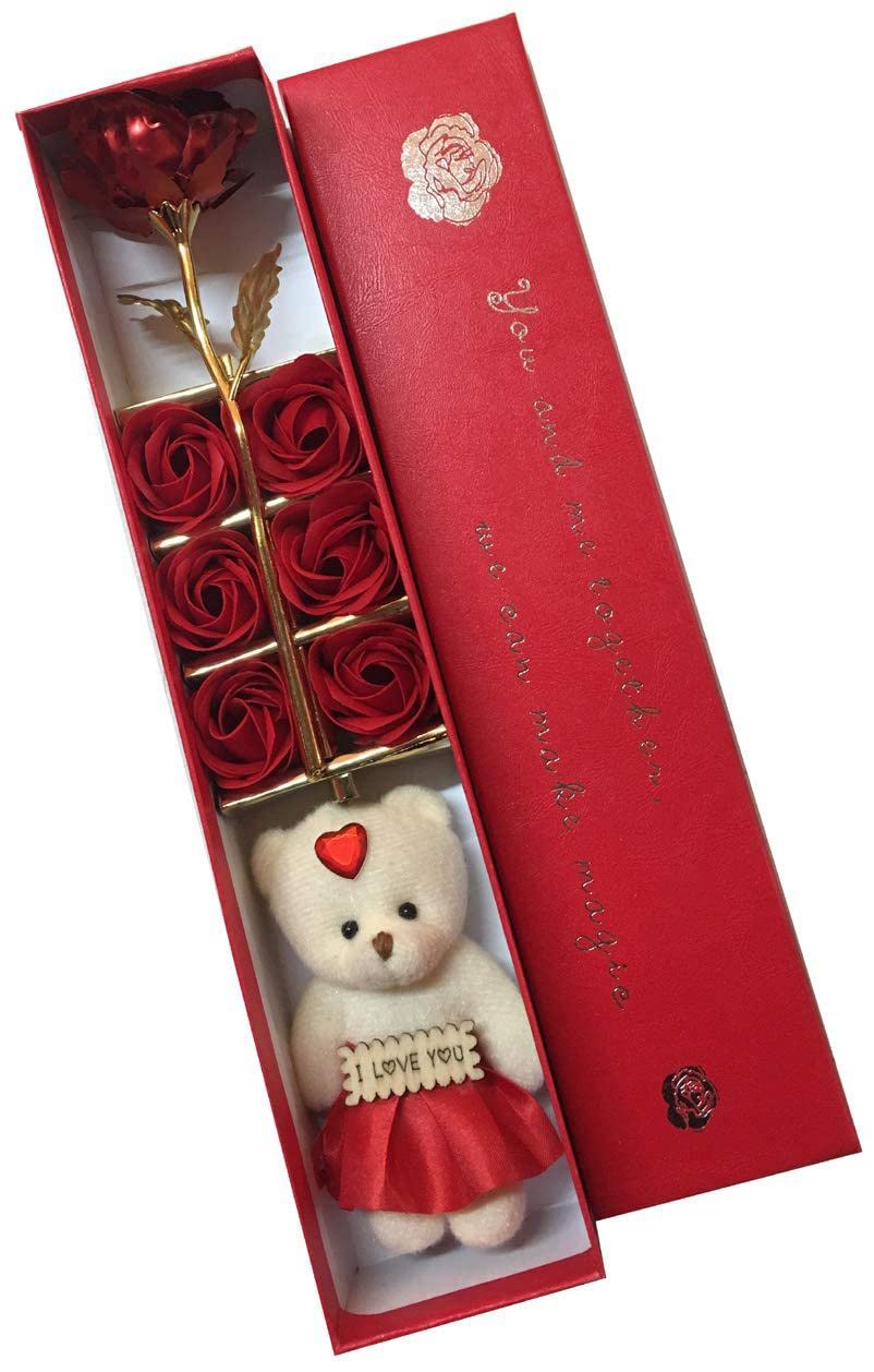 Starvis 6 Flower with Red Rose Gift Box and Teddy Bear (Red/Pink)-image-36