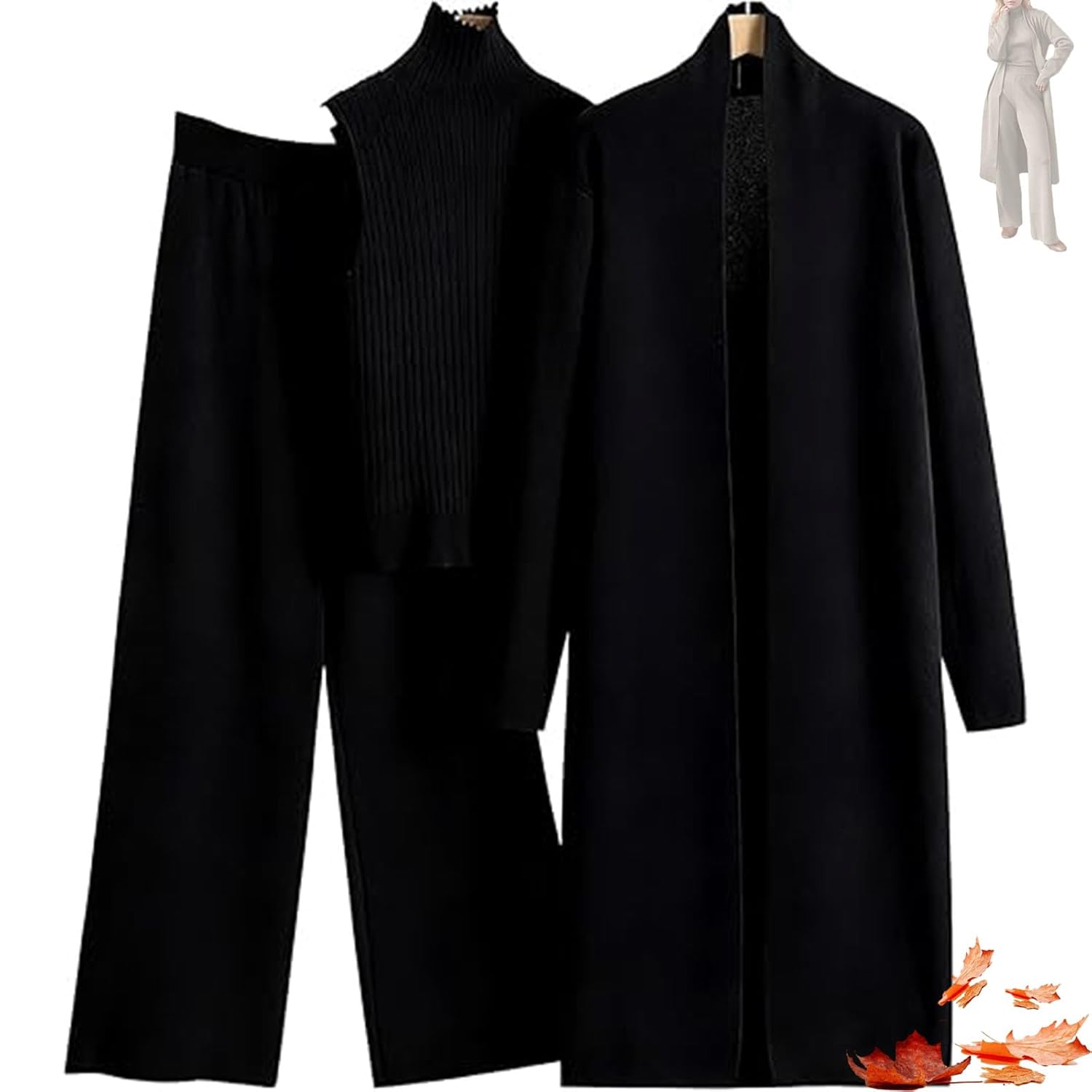 3 Piece Sweater Pants Sets for Women Long Sleeve Cardigan Sleeveless Turtleneck Tank Top and Wide Leg Pants