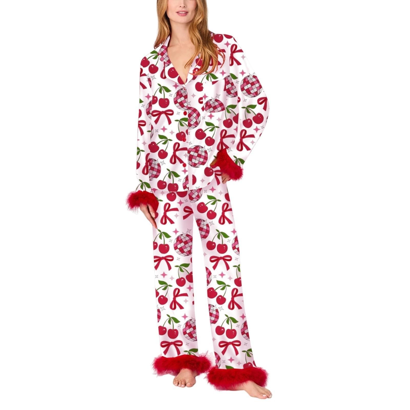 Conjunto de pijama de seda para mujer con diseño de corazón y lazo, camiseta de manga larga y pantalones, ropa de dormir de 2 piezas, pijama de satén lujoso para mujer, estampado de corazón y