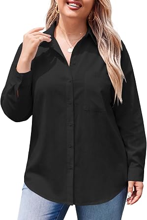 Womens Plus Size Button Down Shirts Cotton Long Sleeve Laple Office Blouse